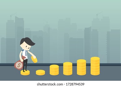 A businessman or a male investor standing on a pile of money For financial planning To invest in order to be successful in business and finance. Concept and big city background
