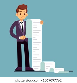 Businessman or male lawyer reading long paper list. Business questionnaire and document report vector concept. Paper list document, cartoon worker unhappy illustration