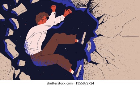 Businessman, male office worker or employee climbing up cliff and falling off. Concept of professional fiasco, career failure. Person overcoming life obstacles. Modern flat vector illustration.