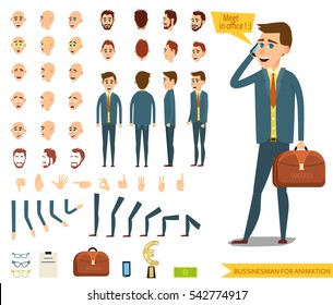 Businessman or male person character creation set.Collection of  emotions.Different men`s hairstyles,bended hands and legs.Side view,front,back of businessman.Vector elements for character animation