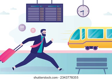 Businessman or male tourist with suitcase running along railway platform. Passenger missed the train. Catch leaving wagon, late for departure. flat vector Illustration