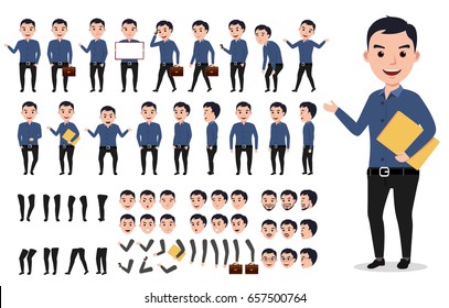 Businessman or male vector character creation set. Professional man holding folder with poses, gestures and emotions isolated in white. Vector illustration.
