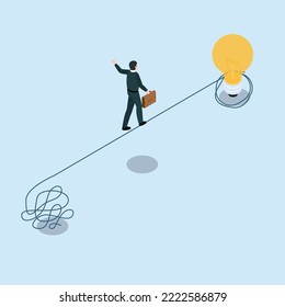 Businessman man balancing walks toward a lightbulb on tightrope isometric 3d vector illustration concept for banner, website, illustration, landing page, flyer, etc.
