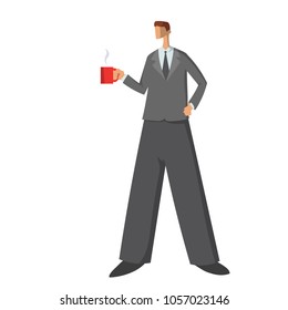 Businessman, man in business suit standing with a cup of coffee or tea. Business character, vector illustration, isolated on white background.