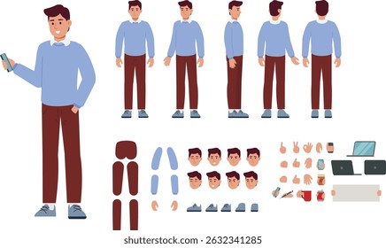 Businessman Man Character Constructor Ready for Animation. Front, Side and Back Body View Set. Body Parts, Postures, Hand Gesture and Poses Collection. Vector illustration. Ready To Use