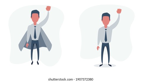 Businessman and man dressed like a superhero keep fist up. Vector flat design illustration.