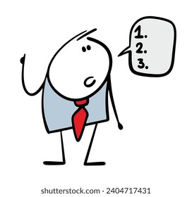 Businessman man in elegant suit tells instructions for work. Vector illustration of smart boss gives an indication,  list of items. Cartoon text bubble. Isolated character on white background.