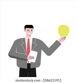 Businessman man gets an idea. Male worker holds a lamp. Worker brainstorming. Flat design vector illustration isolated on white background