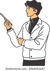 Businessman man holding a pointing stick, leadership, presentation, business strategy, corporate meeting, line art vector illustration, modern line art minimal color