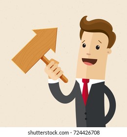 Businessman or man holds the arrow, on the right up.