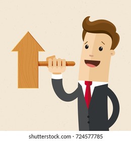 Businessman or man holds the arrow, on the up.