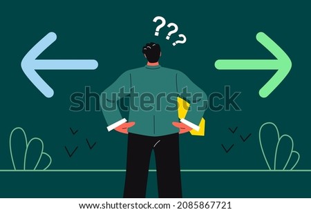 Businessman man looking at left and right arrow. Difficult choice, making decision, success or failure concept. Vector illustration
