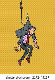 businessman man Lure trap people on a fishing hook. Dangerous love. Pop art retro vector illustration 50s 60s style kitsch vintage