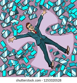 Businessman man makes snow angel in gadgets, phones and tablets. Comic cartoon pop art retro vector illustration drawing