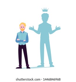 Businessman or man motivated for success with shadow of king in the crown flat vector illustration isolated on white background. Leadership and superpower challenge.