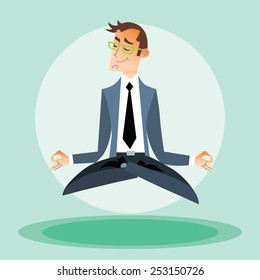 Businessman man practices yoga and hovers in the air