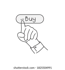 Businessman or man presses a button with the inscription Buy. Hand drawn vector illustration.