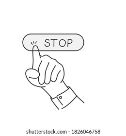 Businessman or man presses a button with the inscription Stop. Hand drawn vector illustration.
