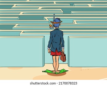a businessman man in a scuba diving mask stands in front of a maze, a difficult decision, risks and problems