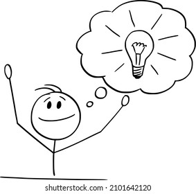 Businessman or man sitting behind desk just got idea, answered question or find solution vector cartoon stick figure or character illustration.