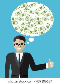 Businessman, man and speech bubble with dollar bill. Flat design concept vector illustration
