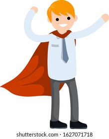 Businessman. Man in strong pose and suit. Success and victory in business. Cartoon flat illustration. Superhero in red cloak