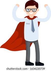 Businessman. Man in strong pose and suit. Success and victory in business. Cartoon flat illustration. Superhero in red cloak