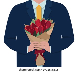 A businessman, a man in a suit holds a bouquet of tulips in his hand. Postcard for March 8, congratulating women on the holiday. Vector illustration in a flat style .