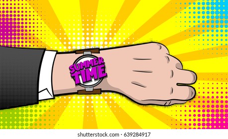 Businessman, man in suit shows vintage retro hand watch. Pop art cartoon style. Exclusive font, comic book text lettering. Bright colored phrase SUMMER TIME speech bubble. Seasonal vector illustration