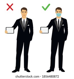 Businessman. Man with tablet. Man with ipad. Coronavirus. Рeople in a medical mask.  Profession. Isolated objects. Vector illustration