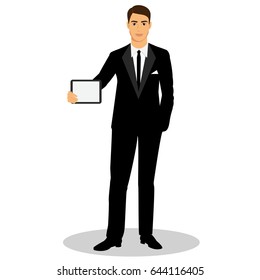 Businessman. Man with tablet. Man with ipad. Profession. Isolated objects. Vector illustration.