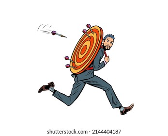 businessman man target runs away target dart target accuracy competition, sports fun and recreation. Pop art retro vector illustration comic caricature 50s 60s style vintage kitsch
