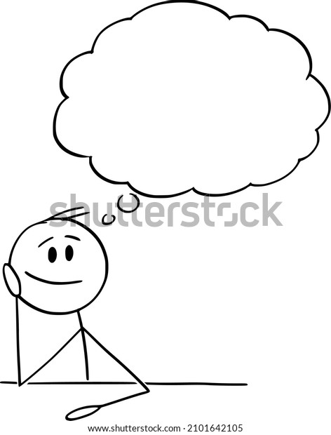 Businessman or man thinking behind desk
with empty thought bubble, vector cartoon stick figure or character
illustration.