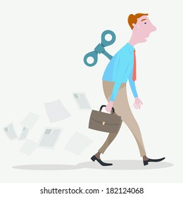 Businessman man walking with a wind up key boring job.