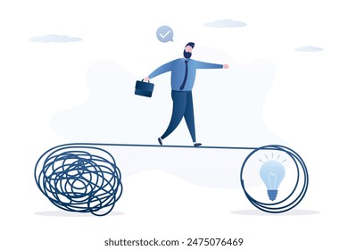 Businessman man walks on tightrope balancing and trying to untie the tangled chaos ropes tied with search new ideas. Brainstorming, question and answer, solving problem or business solution. vector