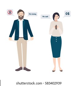 Businessman man and woman has no money, bankrupt. empty pockets concept. Characters in flat style.