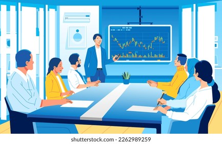 Businessman man woman meeting in office to present project Analytical Data Statistics Financial Reports Company