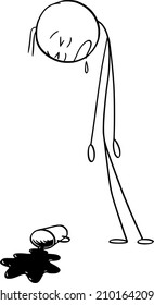 Businessman, man or worker sleeping or asleep standing, cup of coffee spilled on the ground,vector cartoon stick figure or character illustration.