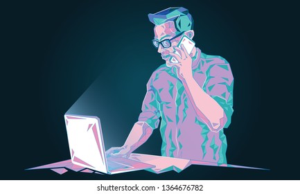 Businessman  man working behind a laptop.
Vector illustration abstract mash line low polygonal and point geometric shapes wireframe gradient.
Color drawing  black background, contour, silhouette.