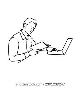businessman or man working with laptop computer while reading a book vector illustration line style