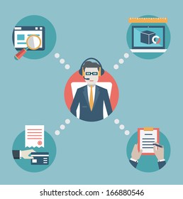 Businessman manage business resources. Analytics, business strategy and e-commerce. Flat style design - vector illustration