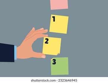 Businessman manage to prioritize sticky note with number. Arrange to do list before and after, task management. Flat vector illustration