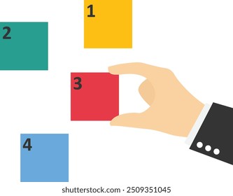 Businessman manage to prioritize sticky note with number. Arrange to do list before and after, task management. Flat vector illustration

