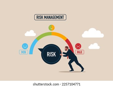 Businessman manage risk, lowest risk with switch button pointing to blue indicator.  Modern vector illustration in flat style 