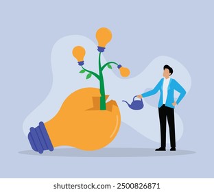 Businessman managed to grow plants from broken light bulbs 2d flat vector illustration