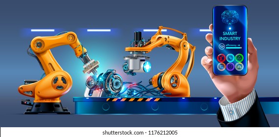 Businessman management smart factory with robotic arms and conveyor via smartphone connected to the Internet. Phone application displaying infographic and statistics of automation manufacturing.