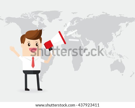 businessman or manager announced by megaphone loudspeaker on world map background. communicate and to publish community information