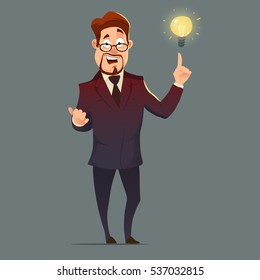 businessman or manager with beard and glasses, man in a suit come up with an idea, cartoon character have an idea for startup, selling startup ideas, colorful vector illustration in flat style