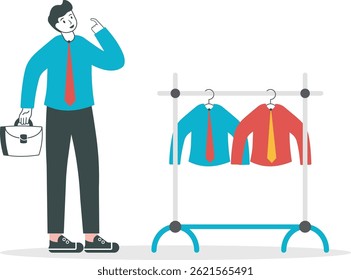 Businessman, manager with a briefcase full of money. A man chooses a suit, shopping. Illustration, vector, EPS10

