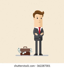 Businessman or manager with a briefcase full of money.  Illustration, vector, EPS 10.